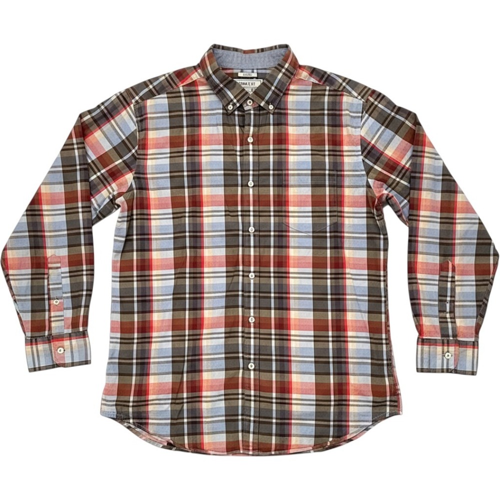 Crown & Ivy Mens XXL Stretch Plaid Button Down Shirt Blue Red Brown Long Sleeve